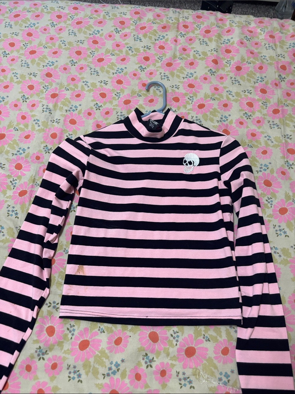Pink & Black Striped Mock Neck Crop Top with Skull Detail